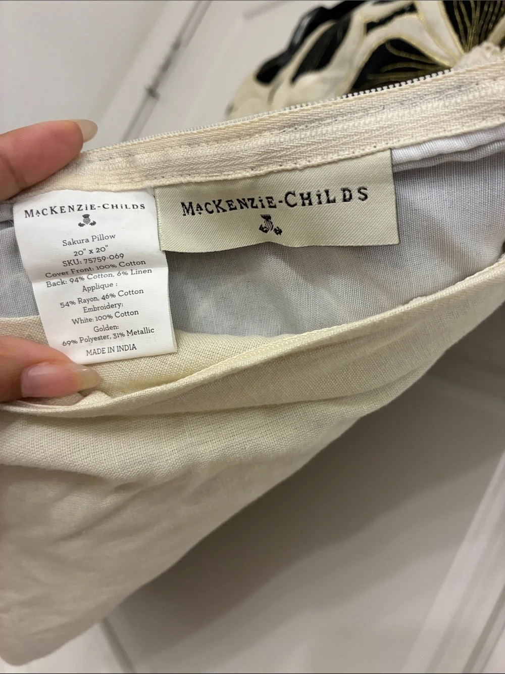 MacKenzie-Childs Black and Cream Floral Embroidered Pillow Cover
